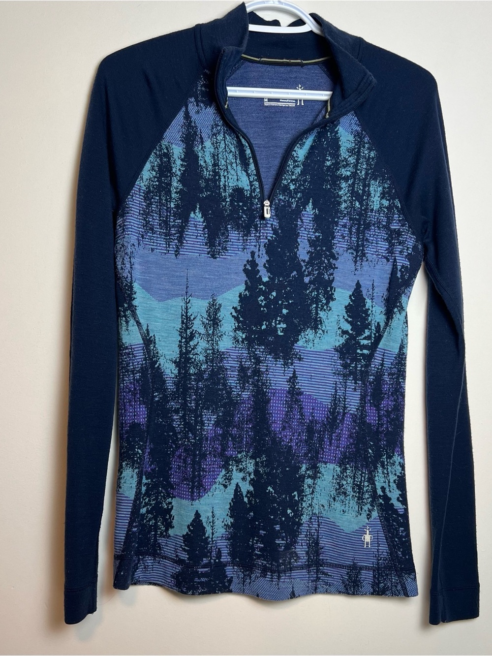 Smartwool Women's Navy Blue Forest Print 1/4 Zip Long Sleeve Top